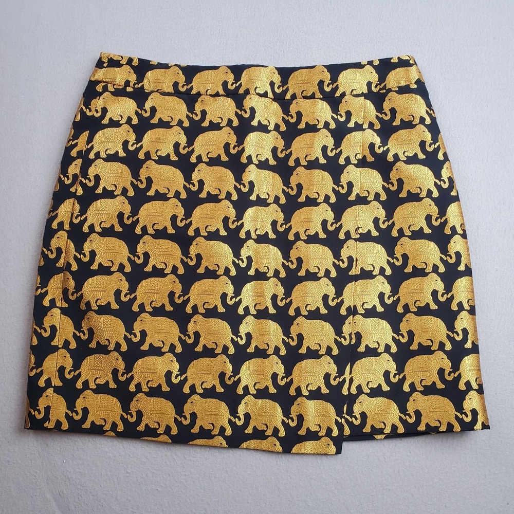 J. Crew Elephant Mini Skirt Black & Gold Jacquard Wrap Front Lined Size 2 NEW